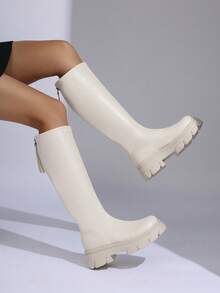 女士新款厚底高筒修身过膝长靴，英伦风增高，适合秋冬季穿着 - 杏色 - 查看 5