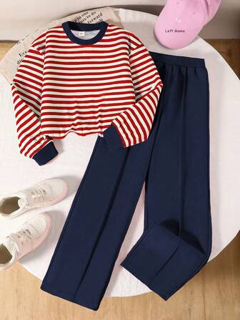 Left Mama 2pcs Girls Casual Striped Long Sleeve Top And Wide Leg Pants Set, Spring/Autumn