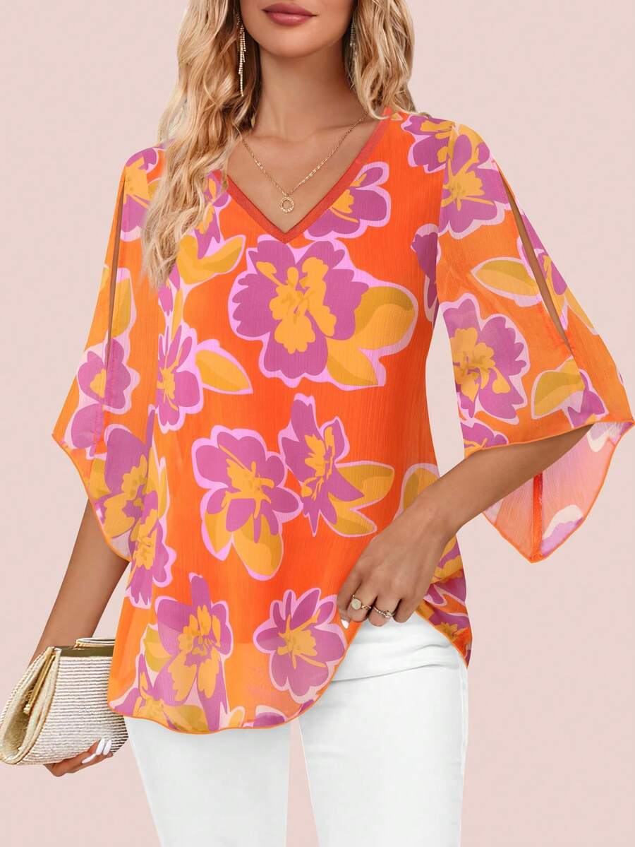 CheersLife Áo kiểu nữ cổ chữ V xếp ly, dáng rộng, có thắt lưng, phối hai lớp lưới, thích hợp cho kỳ nghỉ xuân. - Màu Cam san hô - Xem 1