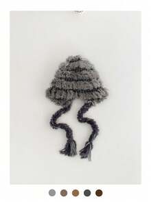 1pc Cute Fluffy Colorful Knitted Beanie Hat For Women, Solid Color Witch Knit Bucket Hat With Pom Pom, Braided Trapper Earflap Hat, Versatile Handmade Knit Bucket Hat With Tie - Multicolor - View 14