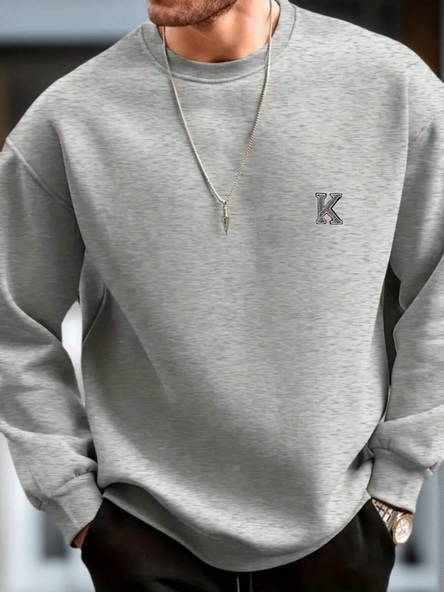 Men's Casual Versatile Grey Letter Graphic Print Crew Neck Sweatshirt, Suitable As Gift For Husband, Boyfriend, Friend - Grey - View 1