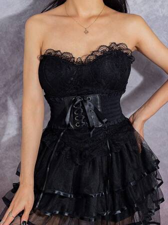 1pc Women's Basic Casual Black Tie-Up Elastic Waistband, Suitable For Daily Commute, Holiday Gatherings Or Party Matching