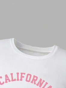 少女字母印花圆领短袖上衣和牛仔长裤 - 白色 - 查看 3