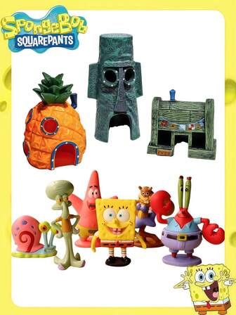 SPONGEBOB 水族箱菠萝屋装饰套装，卡通风格人偶带鱼缸洞穴，完整景观装饰套件