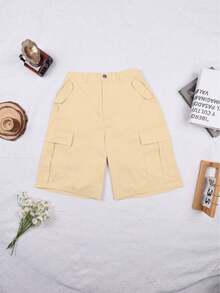 Y2K Street 卡其色弹力垂腰翻盖口袋宽腿宽松酷炫休闲百慕大及膝工装短裤 - 卡其色 - 查看 4