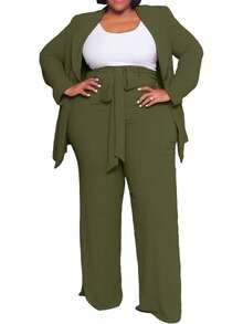 Plus Size Women's Business Open Front Long Sleeve Elastic Waist Solid Straight Leg Pant Set - Office Suits ZANC - 藏蓝色 - 查看 2