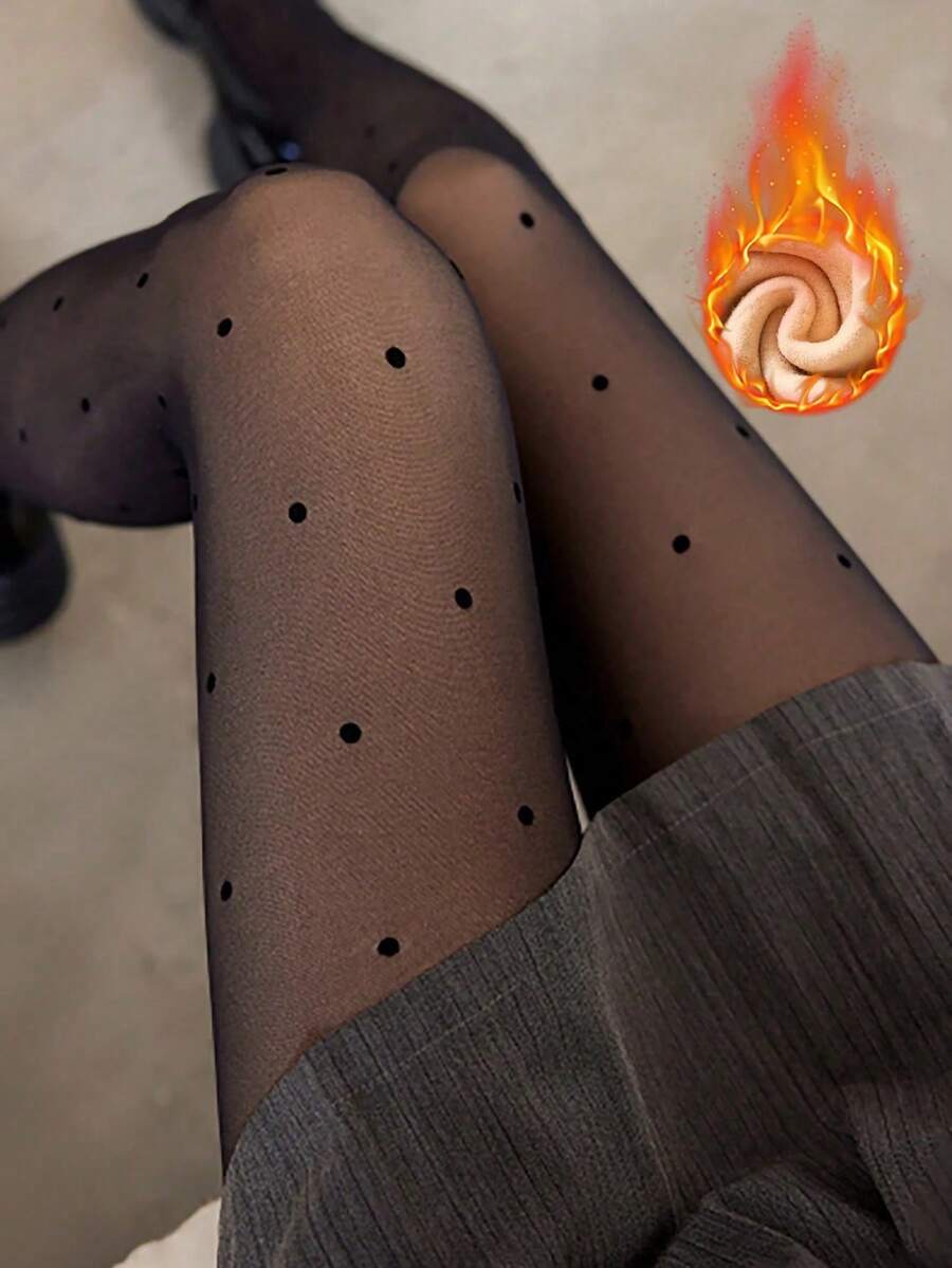 1 Pair Of 200g Women's Sexy Polka Dot Transparent Black Leggings, Spring, Autumn, Winter Business Sexy Pantyhose, Flannel Lined Leggings (Suitable For 5-15 ° C) - Multicolor - View 1