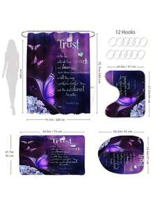 1/4pcs Purple Rose & Butterfly Floral Bathroom Curtain Set, Includes Anti-Slip Bath Mat, U-Shaped Toilet Lid Cover, Bathroom Rug