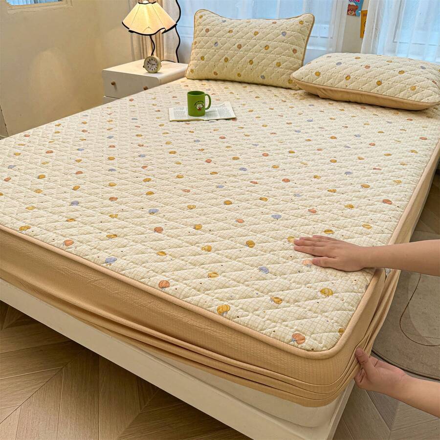 3pcs Vintage Printed Quilted Bedding Set (Includes 2pcs Pillowcases, 1pc Fitted Sheet), Retro Countryside/Cozy Cream Style Winter Bedding, Quilted Embossed Thickened Warm Bedsheet & Mattress Cover, Dust & Moisture Proof Bedding Protector, Available In Single/Double Size, Easy Wash Bedsheet Set With Pillowcases, Suitable For Bedroom Use In Autumn/Winter Or As Home Decor - Beige - View 1