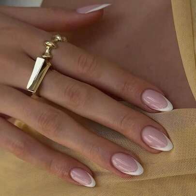 24pcs/Set Short Oval White French Manicure Full Cover Nail Stickers, Press-On Nail Art Supplies, Suitable For Office Ladies, Parties And Daily Wear. Full Cover Nail Stickers + 1 Bottle Gel Polish + 1 Nail File, Decorate Your Nails And Enhance Your Fashion Sense.