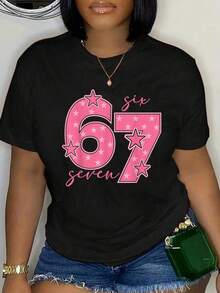 100% Cotton 67 Meme Six Seven Gen Alpha Slang Cute Pink 6 7 Girls T-Shirt Women's Men's Graphic Tee Comfort Crew Neck Summer Vacation Tops - 黑色 - 查看 5