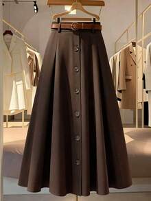 Chân váy maxi chữ A màu nâu dành cho nữ, chất liệu polyester, có thắt lưng và cúc phía trước, thiết kế thời trang, dáng ôm. - Cà phê nâu - Xem 8