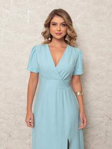 ONLYONE - Elegant Women's Midi Dress With V-Neck Wrap Detail And Side Slit - Women's Party Dresses - 淺藍色 - 查看 4