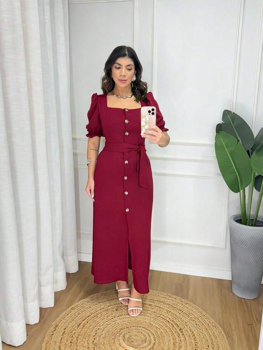 Long, Plain Dress With Buttons And Belt - Puff Sleeves - Elegant Style With Elastic. - Màu Đỏ Sâu - Xem 1