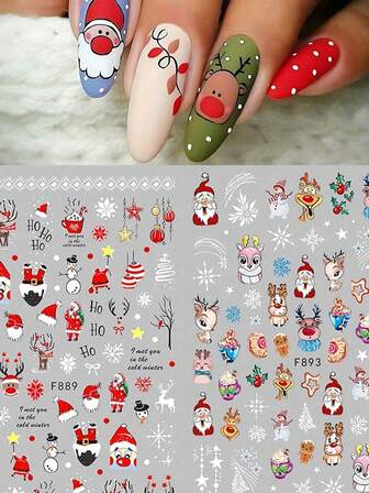 2 piezas de pegatinas de arte de uñas con diseño de copos de nieve navideños - Copos de nieve, Papá Noel, Renos, Muñeco de nieve, Acebo, Diseño de joyería, Adecuado para uso diario, bodas y fiestas. Pegatinas de arte de uñas desechables y autoadhesivas con diseños de dibujos animados y temas lindos, fáciles de aplicar