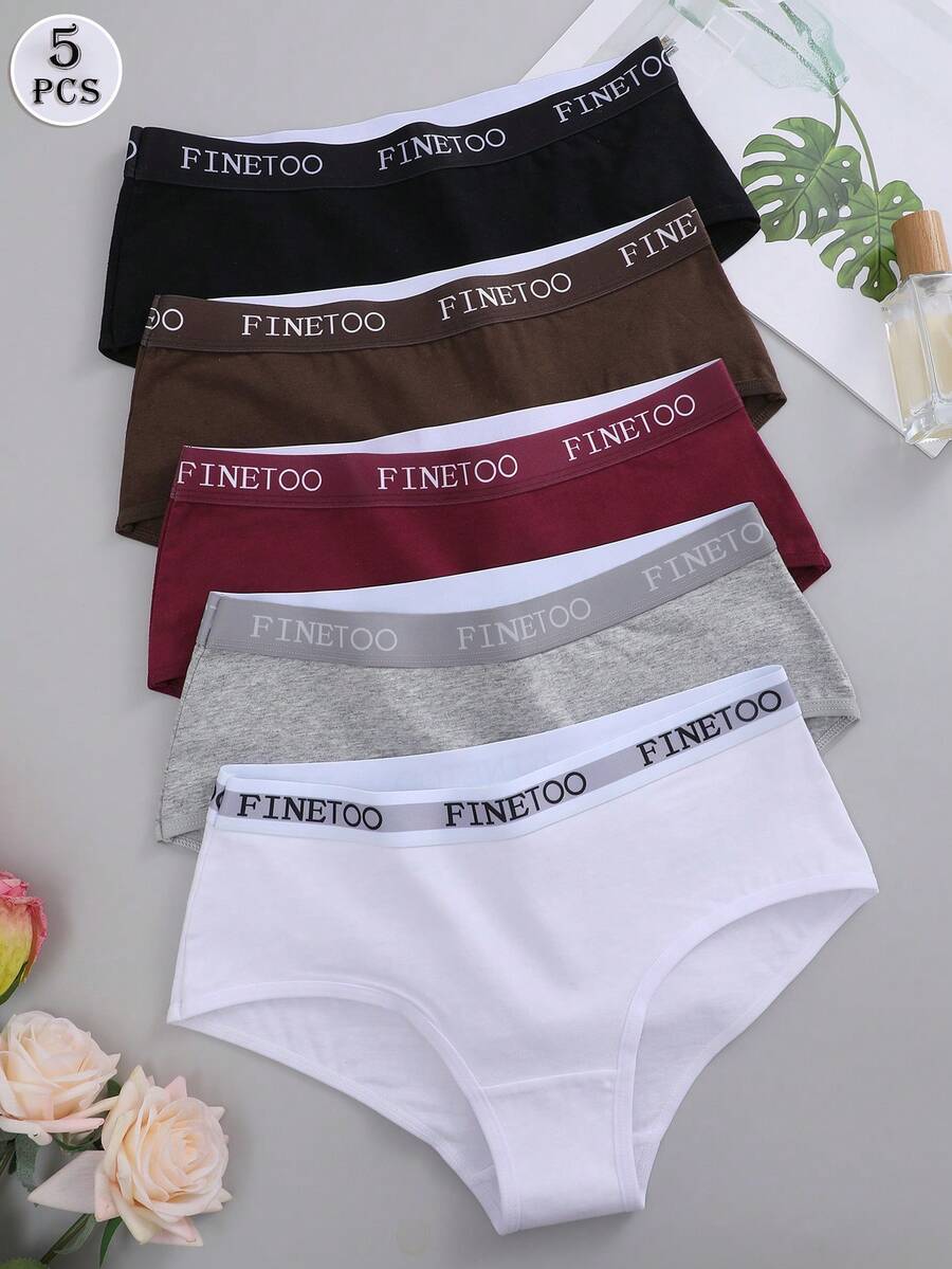 FINETOO 5 件/套女士纯色字母印花松紧带舒适简约三角裤 - 彩色 - 查看 1