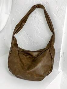 Borsa a tracolla casual in stile retrò Ins, borsa a spalla di grande capacità con cinghia non regolabile, borsa hobo in pelle pieghevole, nuova borsa a tracolla personalizzata per pendolarismo, viaggio, scuola, università - Castano - Visualizzare 4