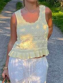 Plus Size Casual Solid Color Knit Vest Summer - Yellow - View 7