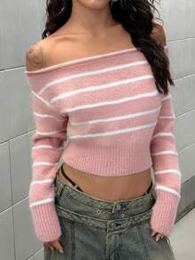Women's Color-Blocked Striped Top, Off-Shoulder Long-Sleeved Sweater, Casual Street Chic, Popular In Autumn And Winter, Versatile For Office Outfits, Off-Shoulder Top, Pullover For Women, Autumn Clothing For Women,Christmas Women's Clothing,Thanksgiving Outfits For Women.