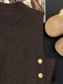 1件女士休闲纯色圆领无袖背心，侧边金属纽扣装饰 - 咖啡棕 - 查看 6