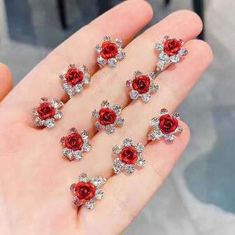 20件/套，红色优雅玫瑰发夹套装，多功能可调节合金新娘发饰，饰有珠宝和玫瑰花，适合婚礼、演出、宴会和日常佩戴