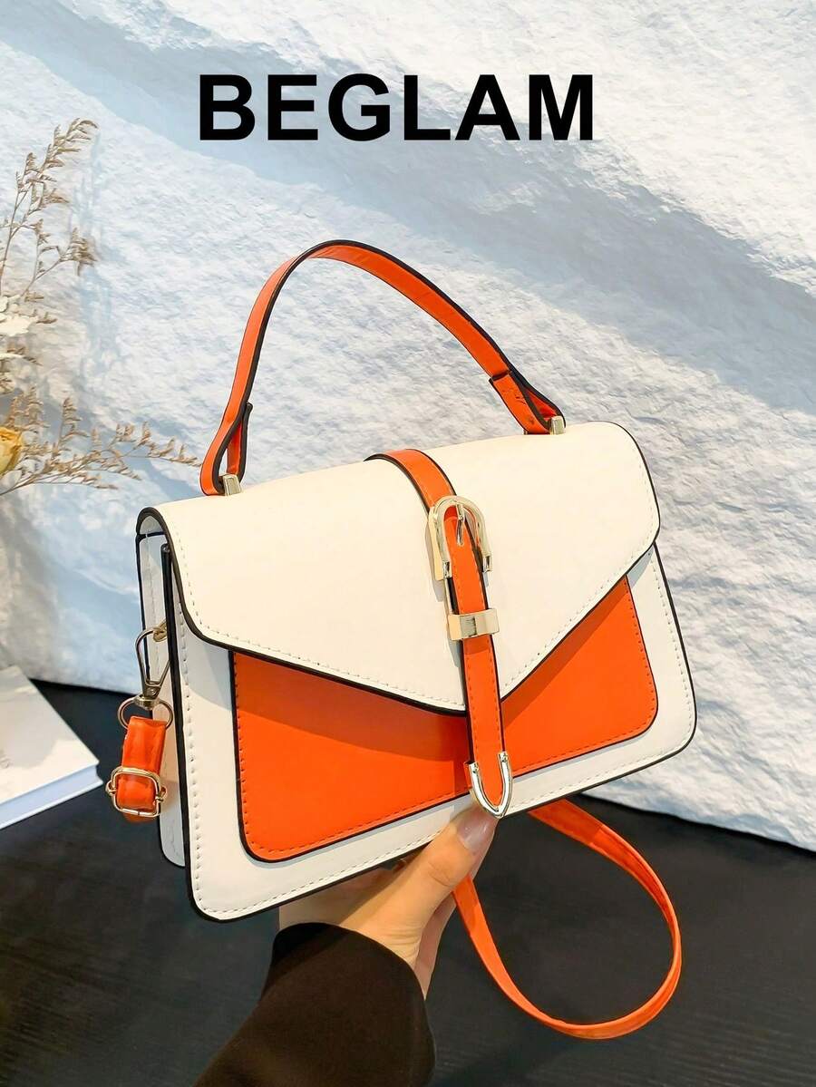 Faux Leather Belt Decor Flap Handbag Shoulder Bag - Orange - View 1