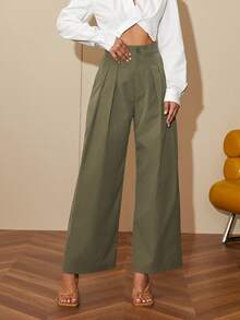 Women's Elegant Solid Color Waist Cinched Straight Leg Dress Pants - Army Green - View 4