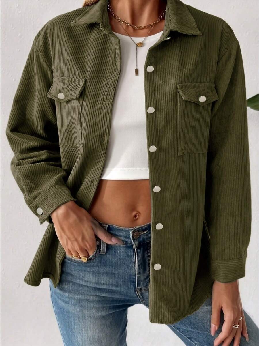 Women's Corduroy Button-Up Shirt Loose Casual Long Sleeve Fashion Cardigan Jacket 2025 Autumn Oversized Shirt Top With Pockets - Green - View 1