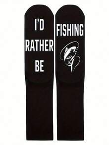 1 Pair Men's Funny Fishing Pattern Mid-Calf Socks, Great Gift For Fishing Enthusiasts, Birthday, Christmas, Suitable For Men, Women And Teenagers, Novelty Socks - Black - View 4