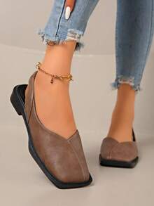 Giày lười đế bằng mũi vuông rỗng màu trơn, thích hợp cho văn phòng, đi làm và những dịp thường ngày - Màu Khaki - Xem 6