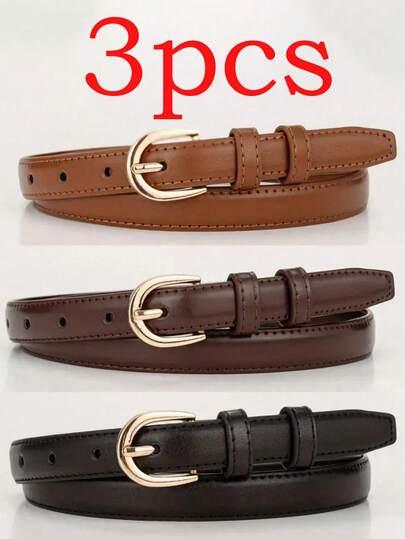 3pcs/2pcs/1pc Solid Color Casual PU Leather Belt, Minimalist Design, Suitable For Women In Summer, Autumn Campus, Late Autumn, Halloween & Christmas