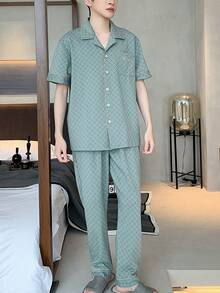 Men Plaid Print Contrast Piping Top & Pants PJ Set - Green - View 2