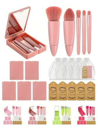 15pcs/Set Makeup Brush Gift Set, Includes 5 Makeup Brush Holders, 5 Thank You Cards, And 5 Organza Bags With Mini Travel Makeup Brushes, Suitable For Bachelorette Party, Wedding Favors, Prom, Engagement Party, Birthday Party, Bridal Shower, Bridesmaid Gifts, Spa Party Gifts, Gifts For Friends, Girlfriend, Family
