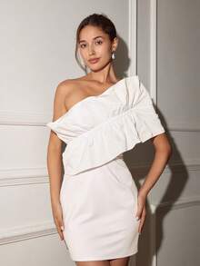 White Short Ruched Asymmetric Shoulder Elegant Sleeveless Dress - White - View 1