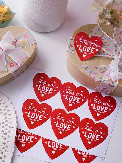 10张，60张红色心形“Made With Love”封口贴纸 - 半光泽纸，一次性装饰标签，适用于情人节礼物、浪漫礼物包装、浪漫礼物包装 | 心形贴纸 | 光泽表面，心形装饰，心形贴纸，适用于盒子、剪贴簿用品、贴纸