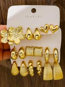 6-18pcs Gold Tone Fashion Earring Set, Stylish & Elegant, Suitable For Daily, Party, And Event Wear - Yellow Gold - View 5