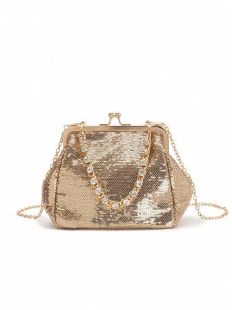 1个闪亮金色亮片和水钻装饰链条手拿包，优雅风格，适合女士派对、正式场合、婚礼宾客、新娘配饰、母亲节、新年礼物