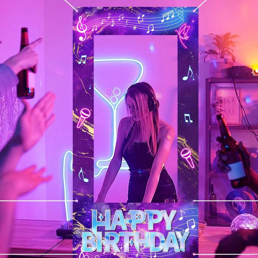 Birthday Party Photo Booth Props With Vibrant Purple And Pink Music Themes, Featuring "Happy Birthday" Text And Polyester Party Decorations