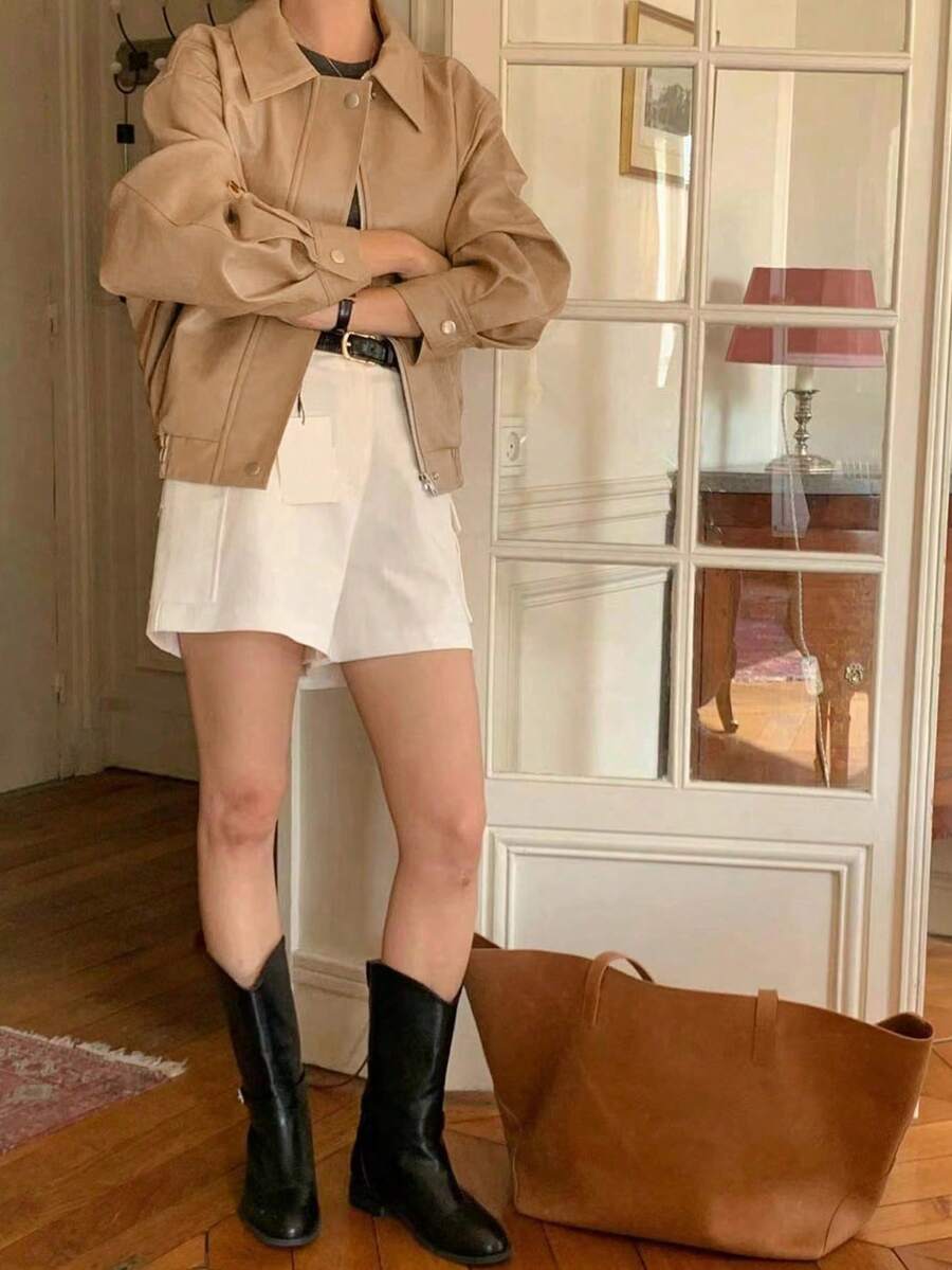 Women's Retro Casual Commuter Versatile PU Leather Jacket, Korean Design, Autumn/Winter - Khaki - View 1