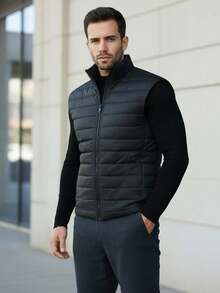 男士无袖羽绒背心，轻薄拉链立领休闲外套，秋冬季，抓绒材质