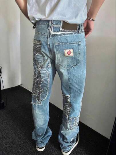 American Style High Street Retro Ripped Jeans For Men, Washed With High-Quality Ink, Tie Dye, And Stacking Effect, Long Pants