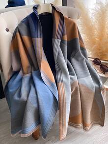 1条女士双面仿羊绒撞色图案围巾，时尚百搭，可作毯子披肩，加厚保暖，适合空调房日常使用，秋冬季 - 彩色 - 查看 2