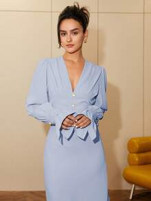 Đầm nữ màu trơn, nhẹ, cổ chữ V, tay dài, dáng đuôi cá, thanh lịch, thích hợp cho buổi tối, hẹn hò, du lịch, dự tiệc, kiểu abaya, công sở thường ngày. - Màu xanh nhạt - Xem 5