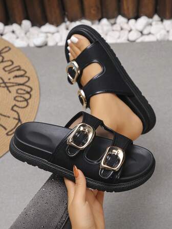 1 Pair Fashionable Casual Retro Dual Metal Buckle Thick Sole Sandals, Comfortable Soft Sole, An Essential Vintage Fashion Item For Women