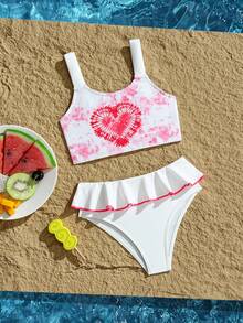 Young Girl Tie-Dye Print Patchwork Ruffle Hem Swimsuit Set - Red and White - View 2
