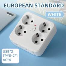 Multi-Function EU-Standard Socket Extender With 4 AC Power Outlets, 2 USB Ports, And 1 Type-C Charging Port, Featuring An Independent Master Switch. Compact And Lightweight, It Is Ideal For Travel And Convenient To Carry. Suitable For Various Scenarios Such As Home, School, And Office Use Suitable For Multiple People Charging, Multiple Devices Charging, Home Charging Needs, And Office Desks Home Office Charging Station - White - View 1