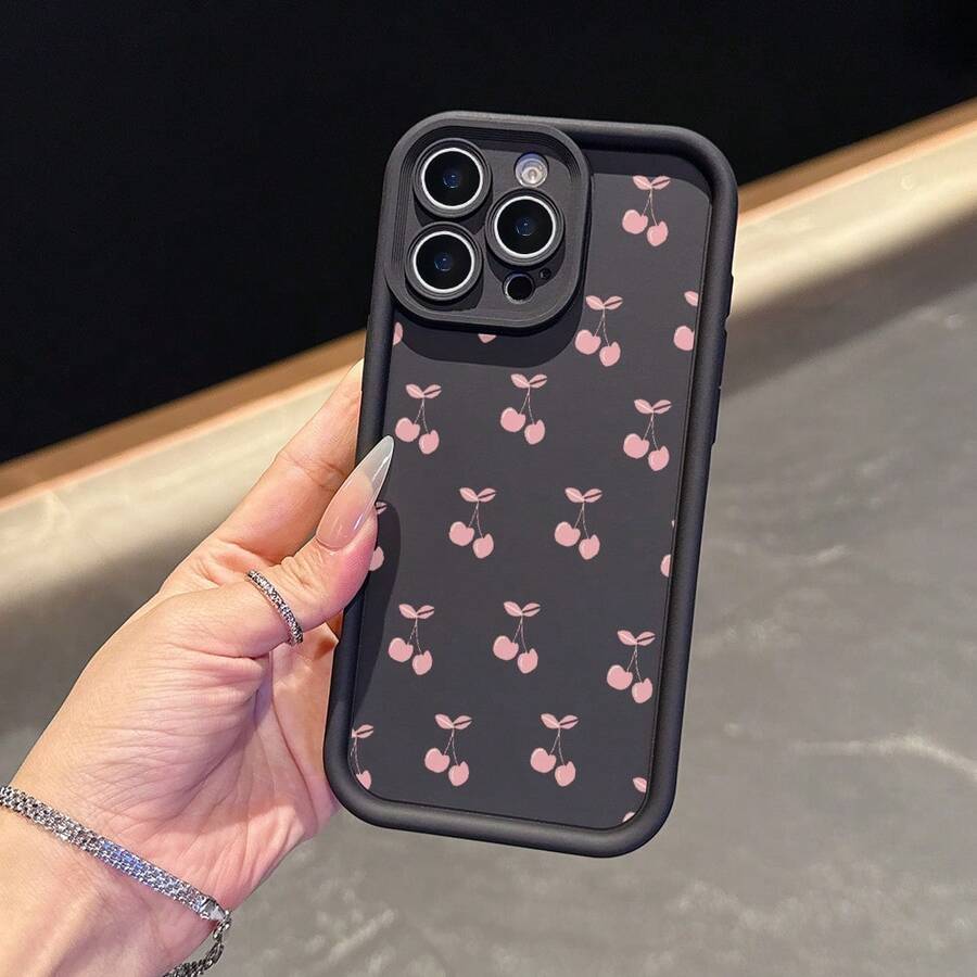 La carcasa del teléfono anti - caída simple y de moda está hecha de material tpu con un patrón de cereza para iPhone 17, 16, 15, 14, 13, 12, 11 Pro / air / xR / XS y samsungs25 / S24 / S23 / S22 / Fe / plus, que ofrece protección de amortiguación. Regalos para amigos y San valentín. - Negro - Ver 1