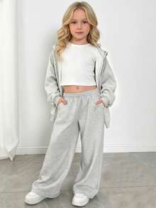 1pc Girls Casual Elastic Waist Loose Straight Pants, Comfortable All-Match Autumn/Winter - رمادي فاتح - مشاهدة 3