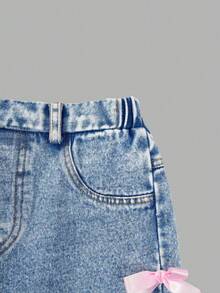 Tween Girl Letter Graphic Print Round Neck Short Sleeve Top And Denim Long Pants - White - View 6