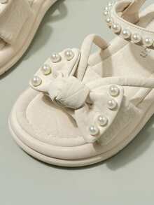 柔软可爱的奶油白蝴蝶结珍珠防滑凉鞋，甜美女孩夏季专属~ - 白色 - 查看 3